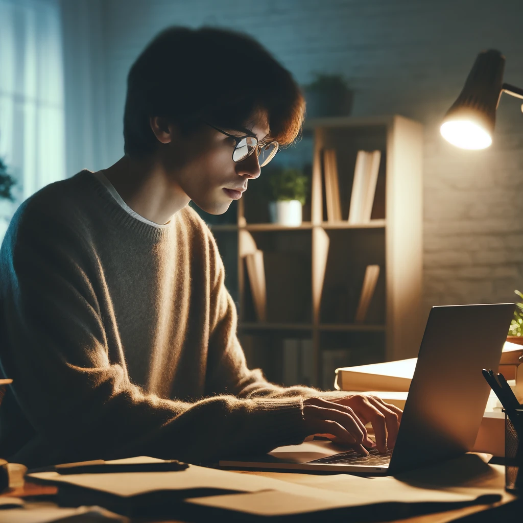 young man writing on laptop in softly lit room