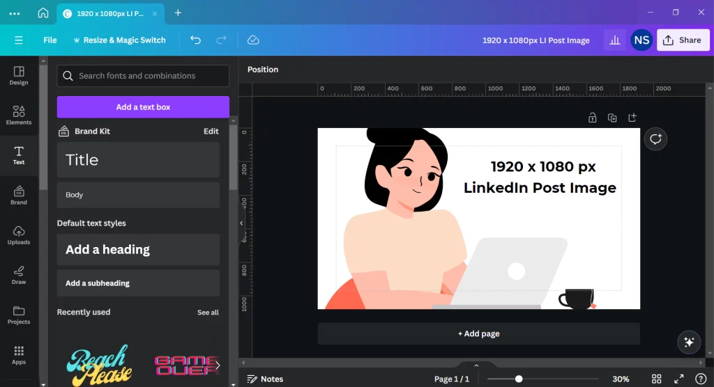 Canva platform with LinkedIn post template