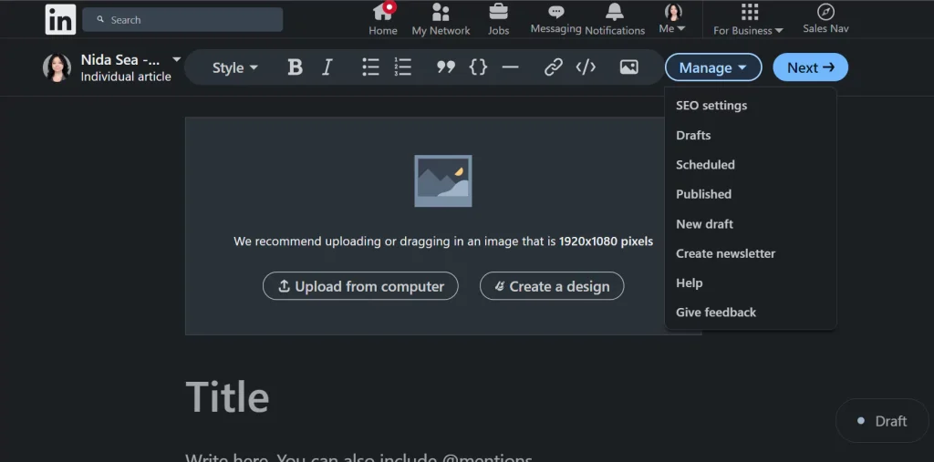 Linkedin post platform options under Manage menu