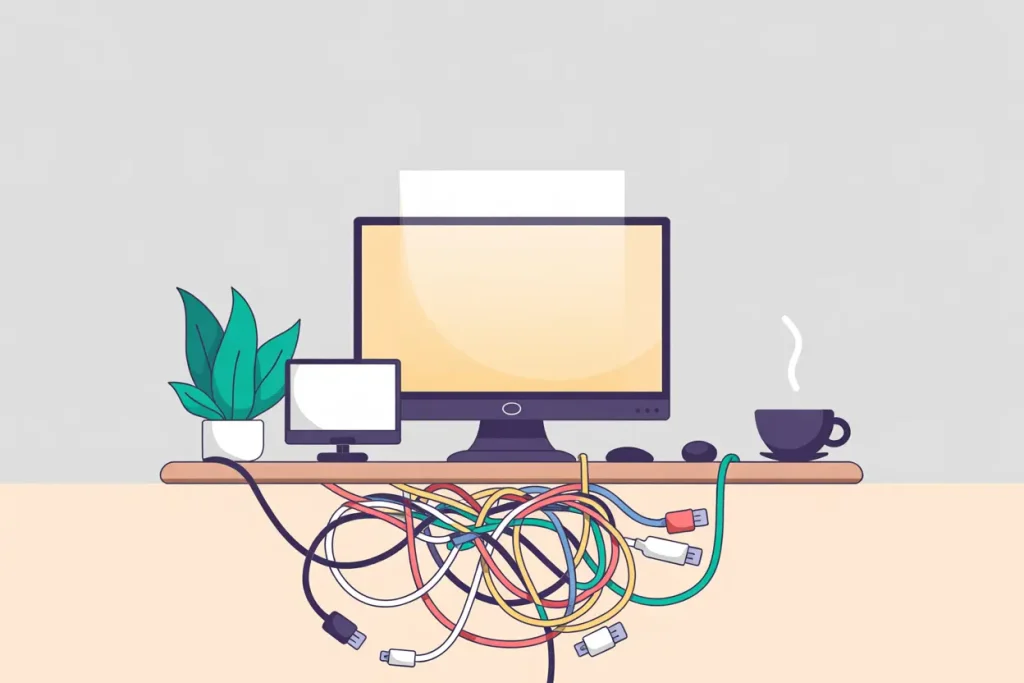 Messy, disorganized computer cables