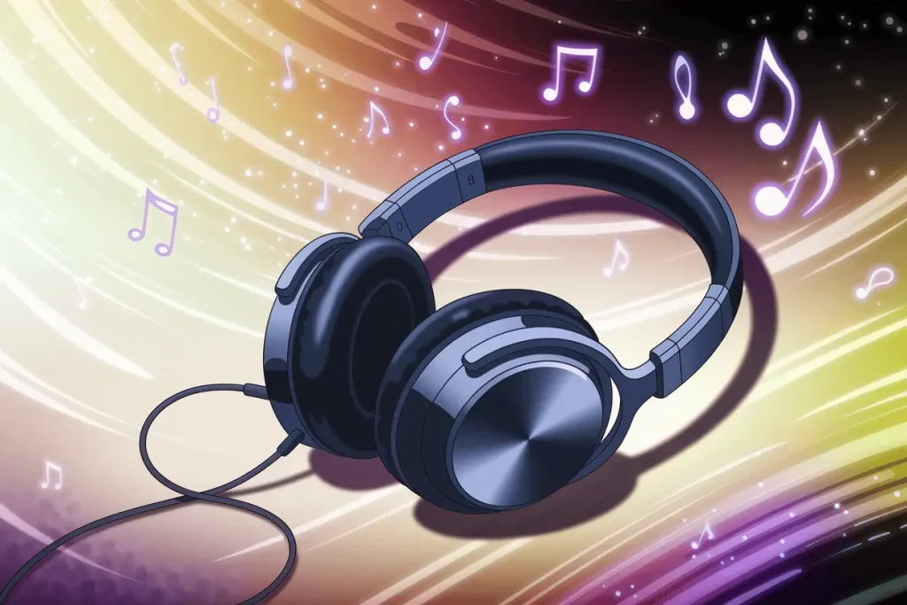noise cancelling headphones with music notes