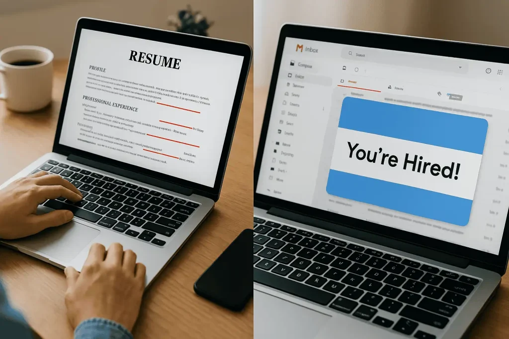 split screen of a person editing a resume on a laptop