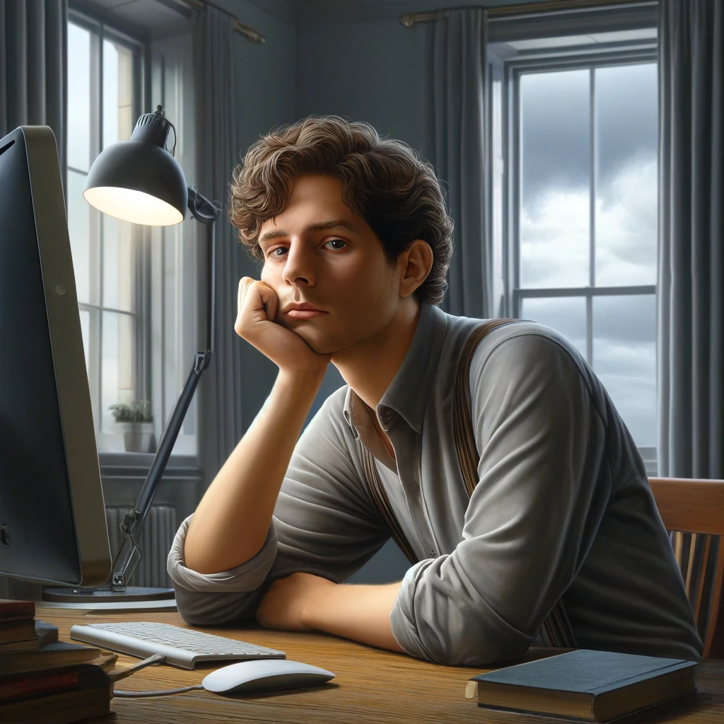 bored man looking away from PC