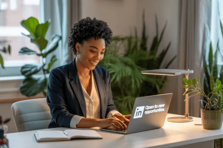 woman updating her linkedin profile on laptop