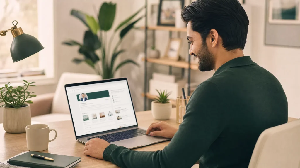 Professional reviewing a LinkedIn profile on a laptop while preparing for a successful job search.